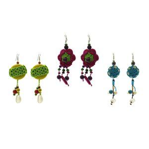 Retro Crocheted Earring Set Multicolored Silver Fishhook Closure